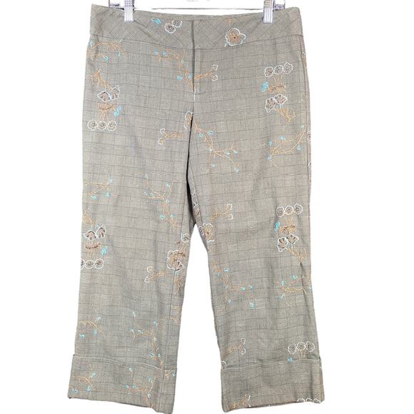 Vintage Cache Womens Pants Brown Cropped Capris Embroidered Floral Plaid 8 - Picture 1 of 13